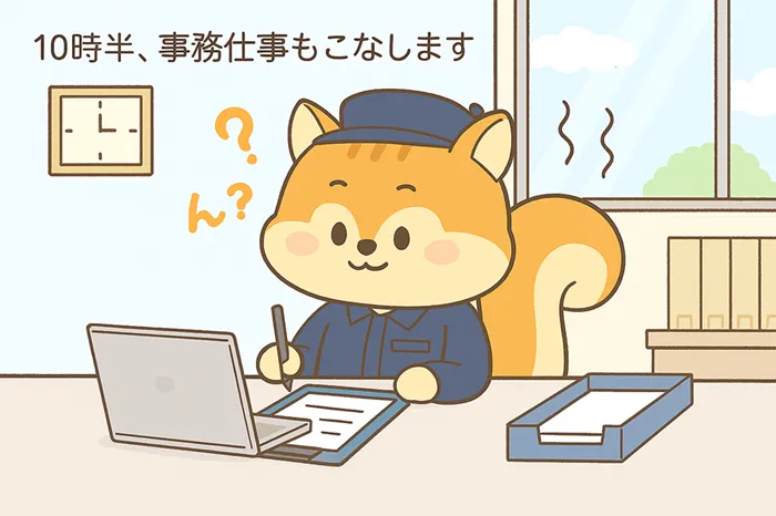管理室で事務作業をしている管理員のイラスト