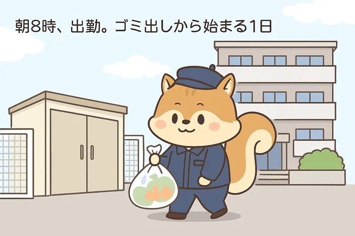 朝のゴミ出しから1日がスタートするイラスト