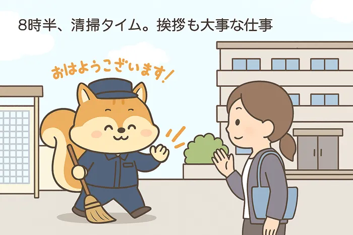 管理員が朝の清掃で住民に挨拶をしているイラスト