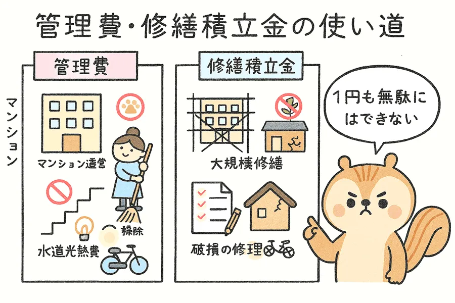 管理費、修繕積立金の使い道を説明したイラスト