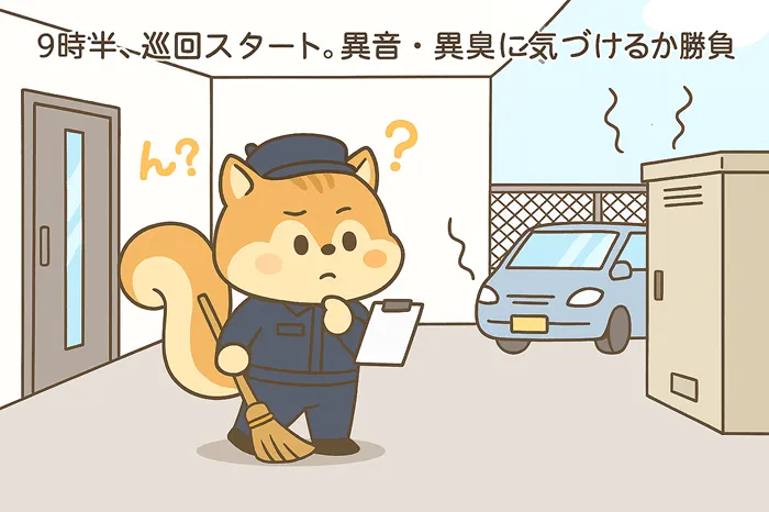 管理員が共用部の設備巡回をしているイラスト