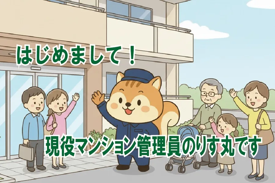 住民に笑顔で手を振る現役管理員りす丸のイラスト