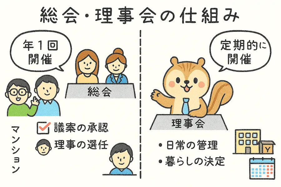 総会・理事会の仕組みを説明したイラスト