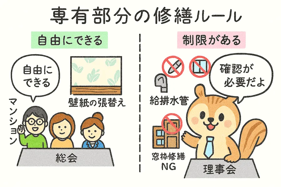 専有部修繕ルールを説明したイラスト