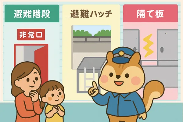 避難経路を説明る管理員のイラスト