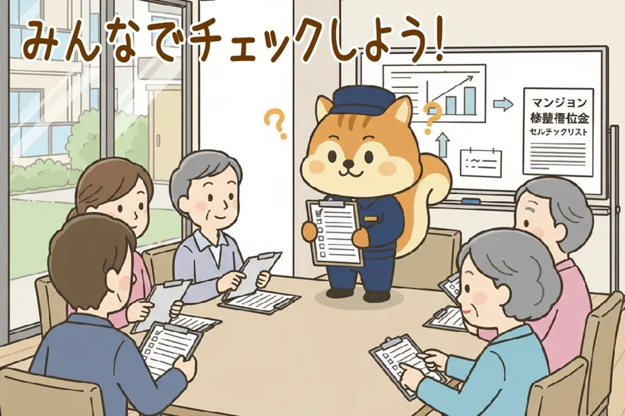 修繕積立金を住民とチェックしているりす丸のイラスト