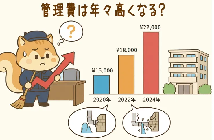 管理費の値上がりを心配しているりす丸のイラスト