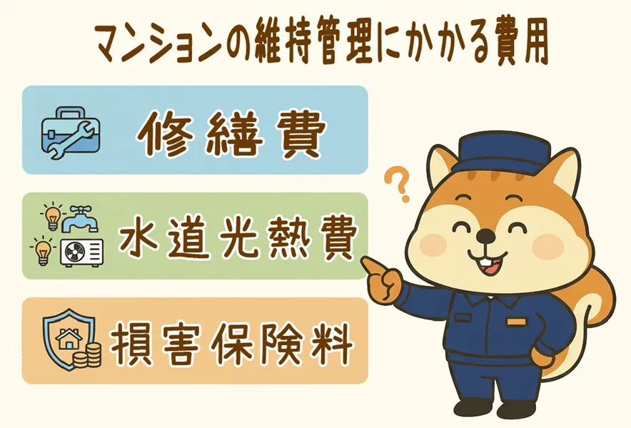 マンションの維持管理に必要な管理費をりす丸が説明しているイアスと