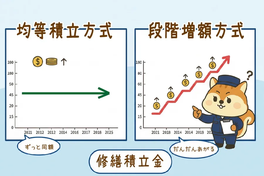 修繕積立金のふたつの方式を解説するりす丸のイラスト