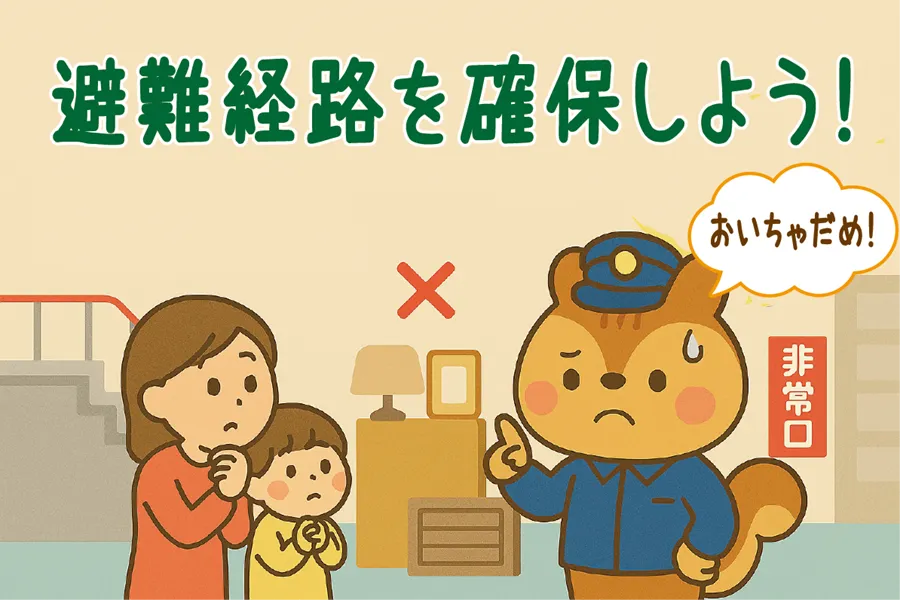 避難経路の障害物を注意している管理員のイラスト