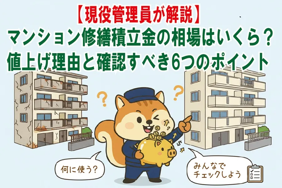 マンションの修繕積立金について説明しているりす丸のイラスト