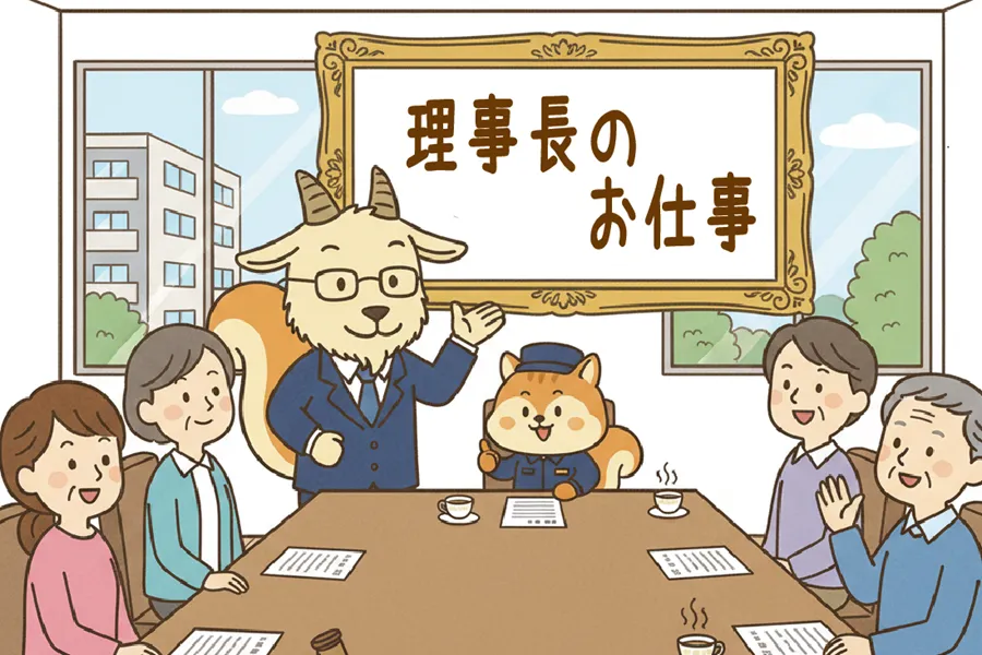 理事会で理事長の仕事を説明する理事長と管理員のイラスト