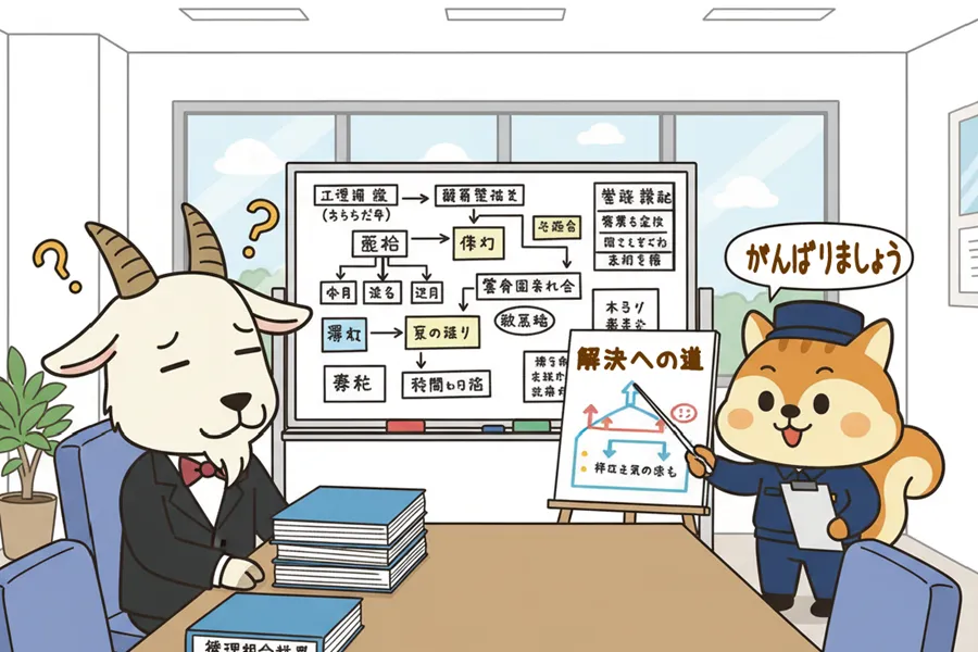 困っている理事長にアドバイスをする管理員のイラスト