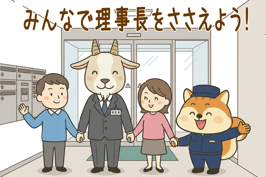理事長と住民がささえあっているイメージのイラスト