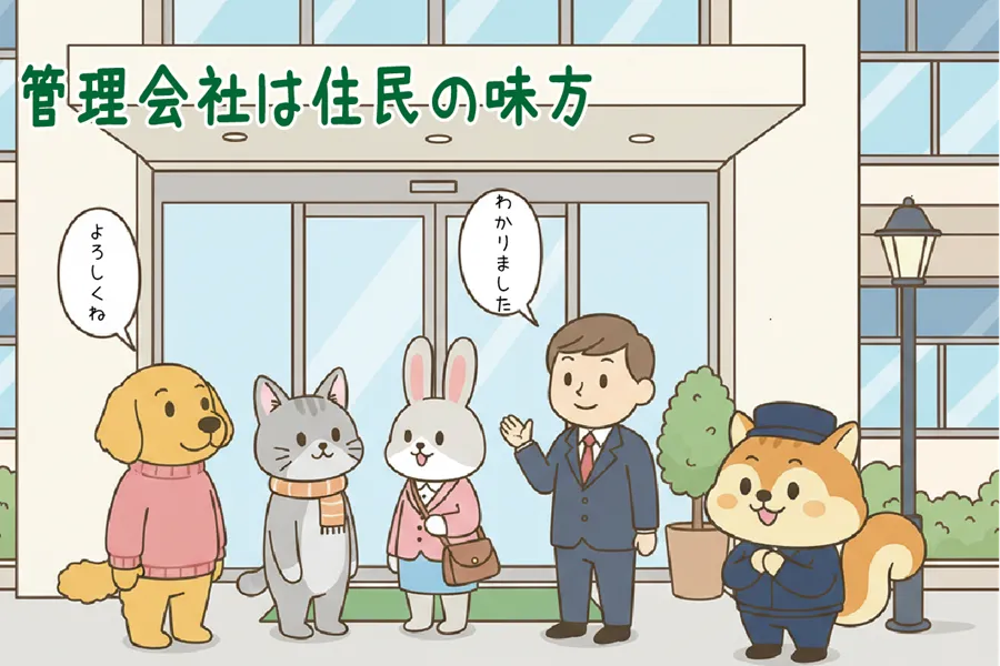 住民となごやかに話をしている管理会社担当とりす丸のイラスト