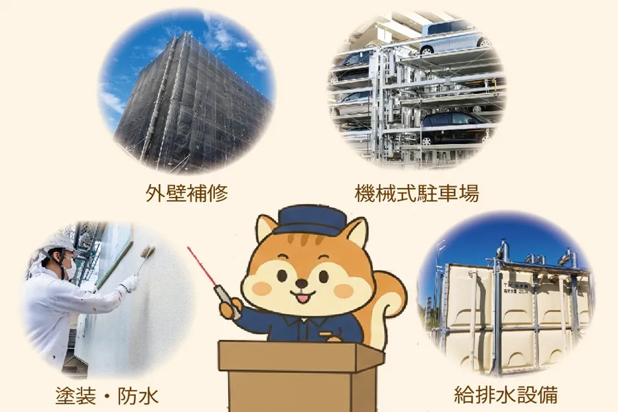 修繕積立金の使い道を説明しているりす丸のイラスト