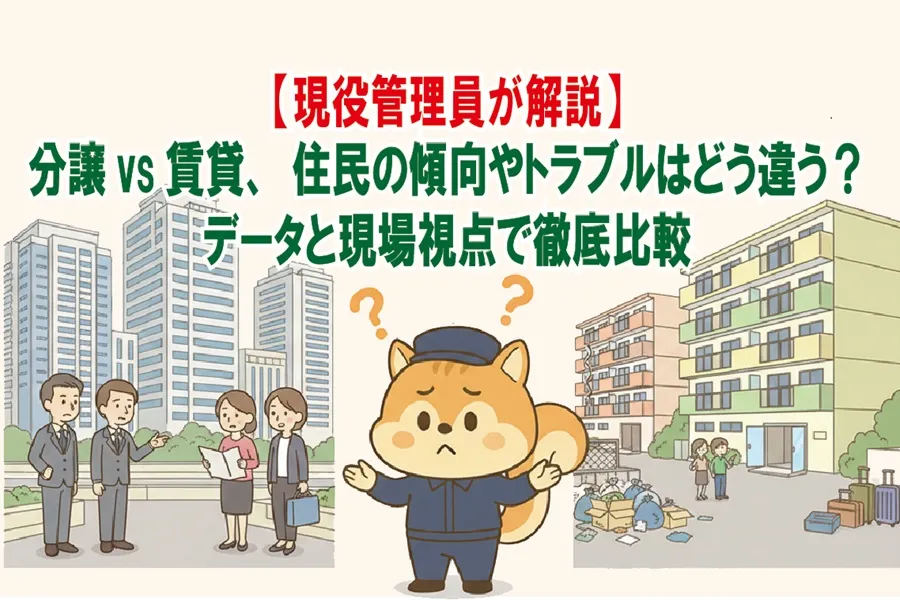 分譲と賃貸の違いに関して考えているりす丸のイラスト