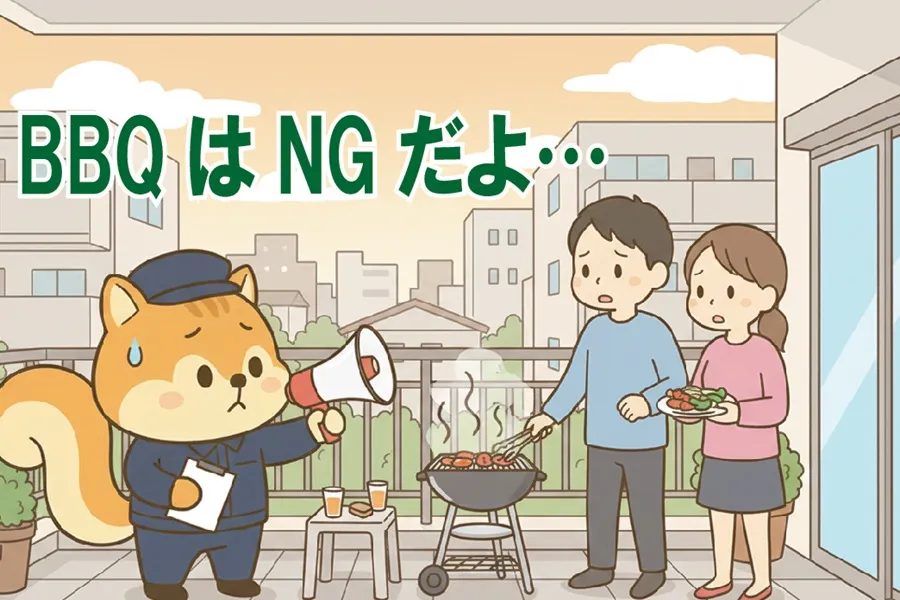 バルコニーでBBQをしている住民に注意をしているりす丸のイラスト
