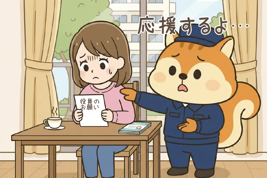 理事会役員に指名されて戸惑っている住民を心配しているりす丸のイラスト