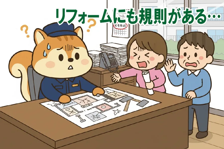 リフォームの計画についてクレームを受けているりす丸のイラスト
