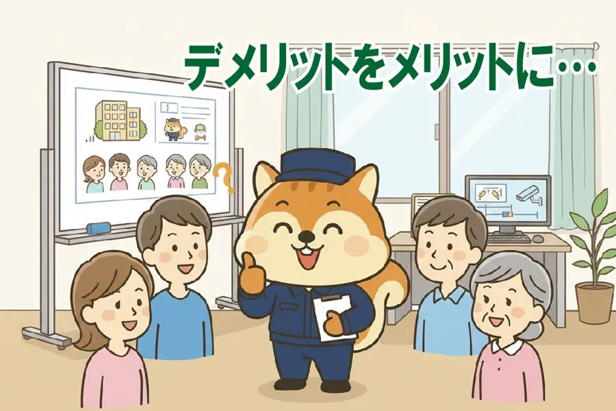 マンションの住民と笑顔でメリットについて話し合っているりす丸のイラスト