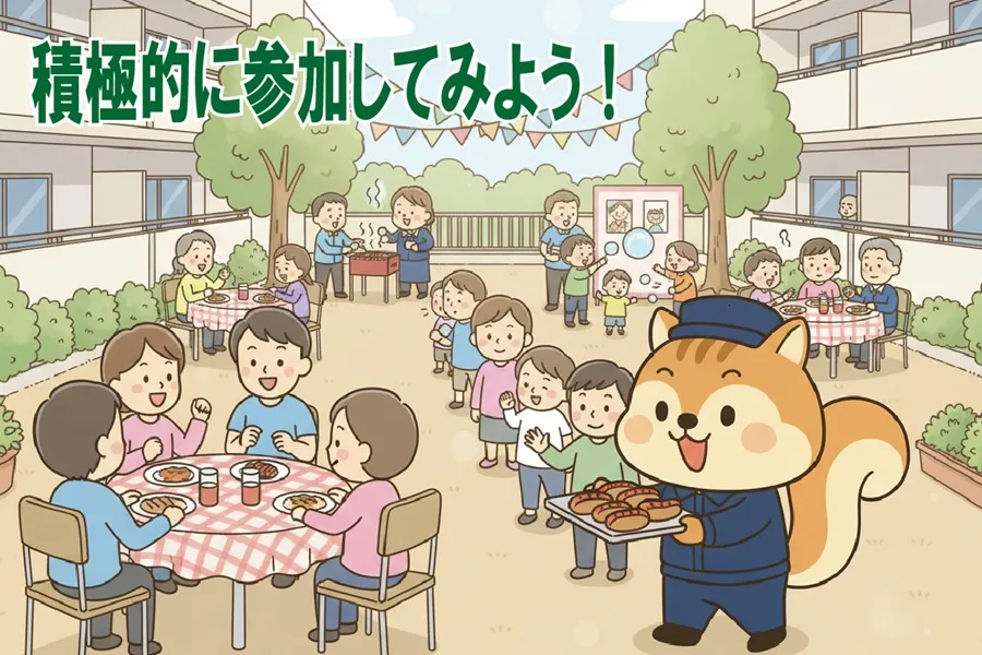 管理組合が主催の住民参加イベントをお手伝いしているりす丸のイラスト