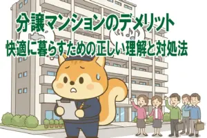 マンション生活のデメリットについて考えている管理員りす丸のイラスト