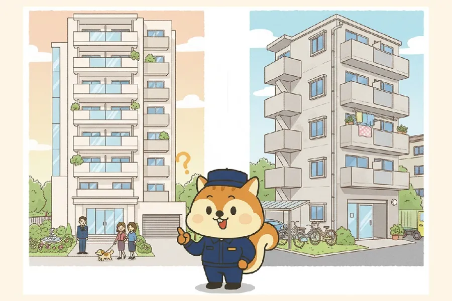 分譲マンションと賃貸マンションを比較しているりす丸のイラスト