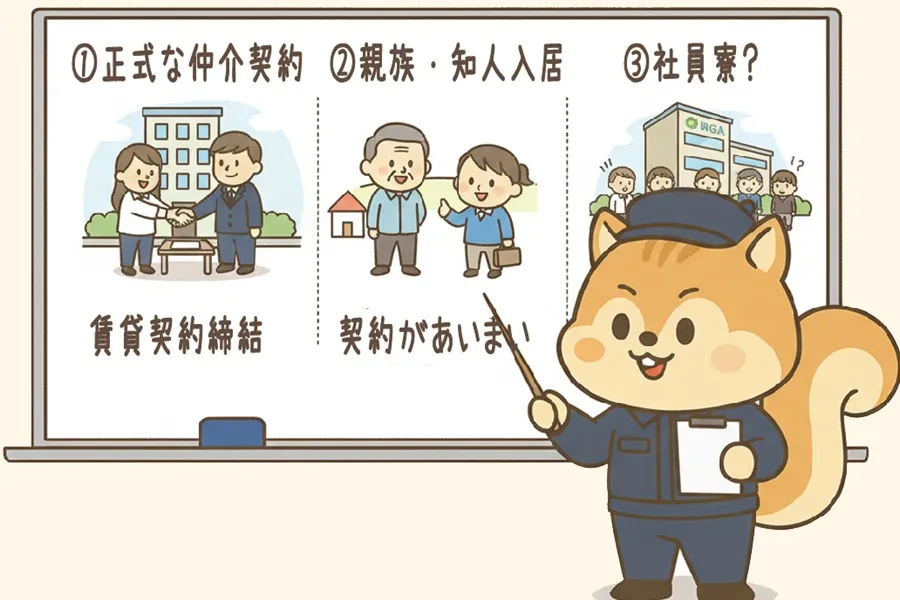 分譲賃貸の3種類の契約方法について説明しているりす丸のイラスト