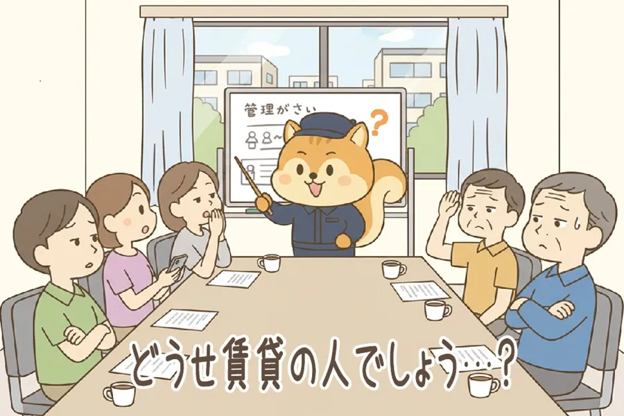 理事会で「どうせ賃貸のひとだろう？」と冷めた感想を言われているりす丸のイラスト