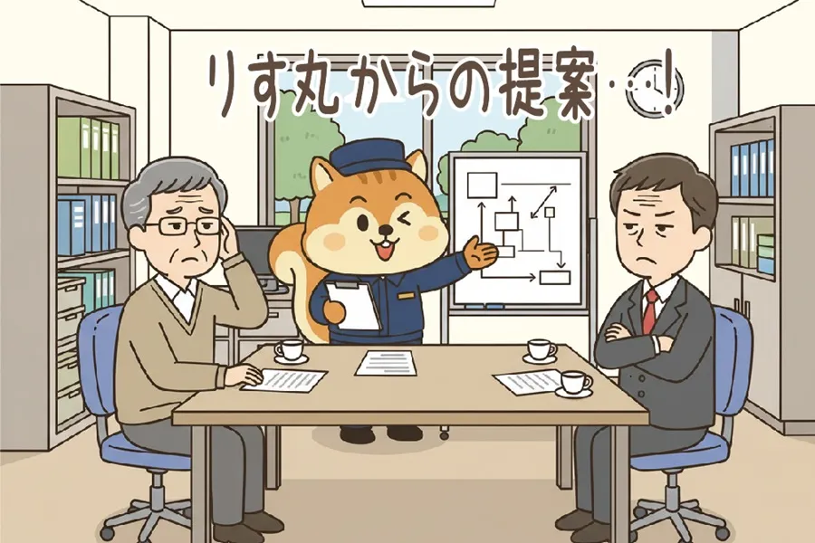理事長と管理会社の営業に分譲賃貸の住民について提案をしているりす丸のイラスト