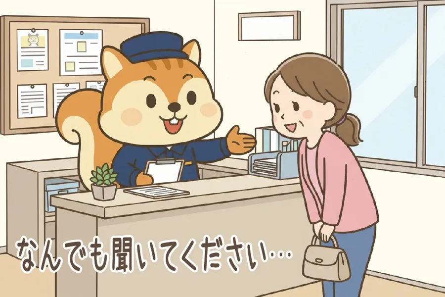 管理室に相談にきた分譲賃貸の住民に笑顔で応対するりす丸のイラスト
