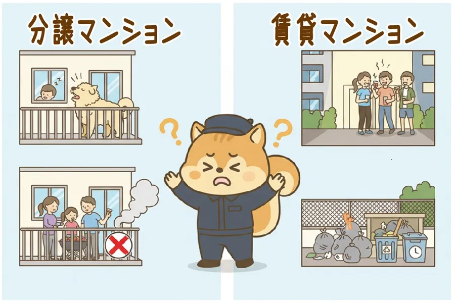 分譲マンションと賃貸マンションそれぞれのトラブルに悩まされているりす丸のイラスト