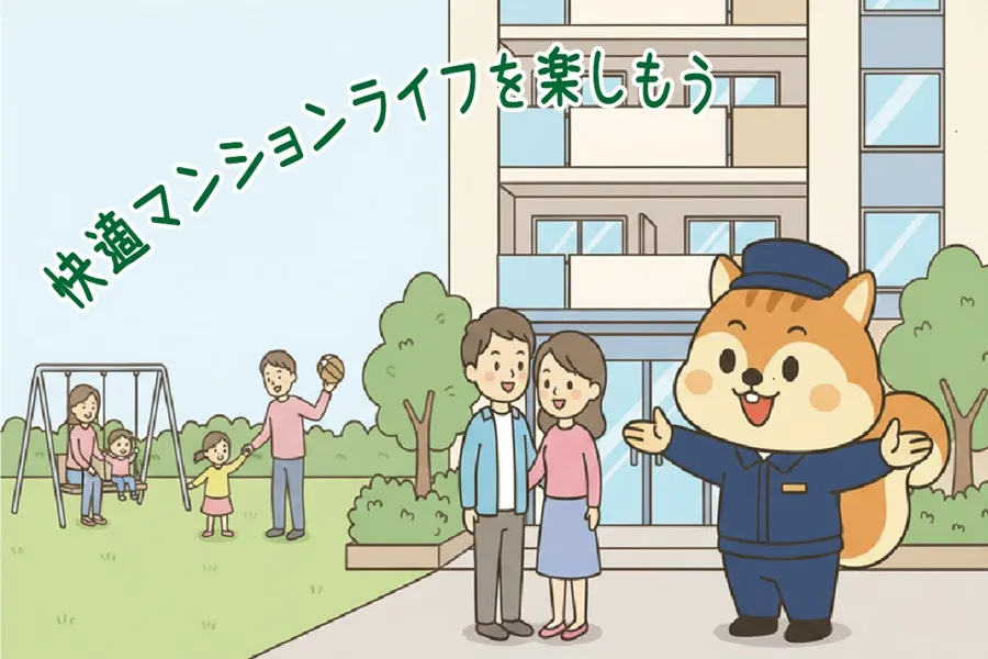 環境のよいマンションの前で若いカップルにマンションをおすすめいているりす丸のイラスト