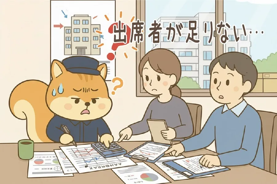 総会の出席者数が不足して困っているりす丸のイラスト