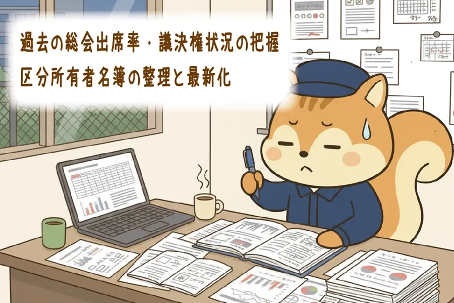 区本所有者名簿の整理に頭をいためているりす丸のイラスト