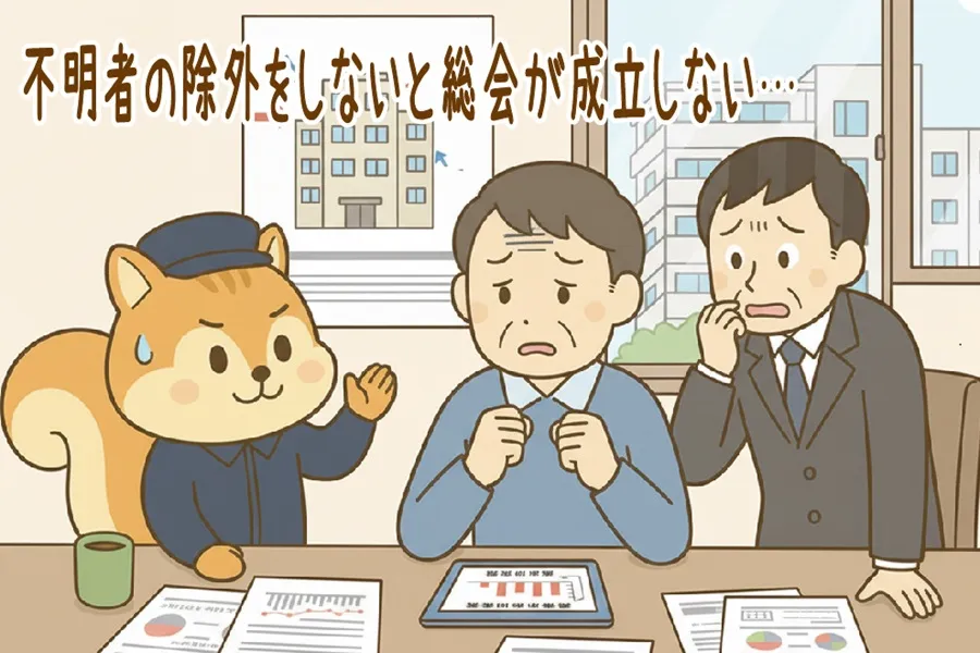 所在不明者の除外に関して相談している、理事長とりす丸のイラスト