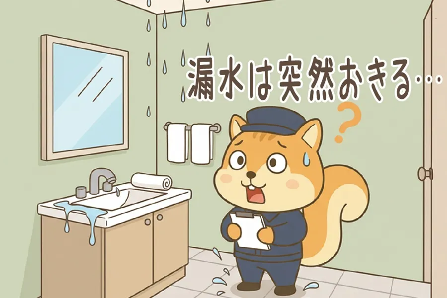 マンションで漏水が起きて驚いているりす丸のイラスト