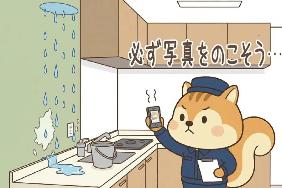 漏水現場の写真をとっているりす丸のイラスト