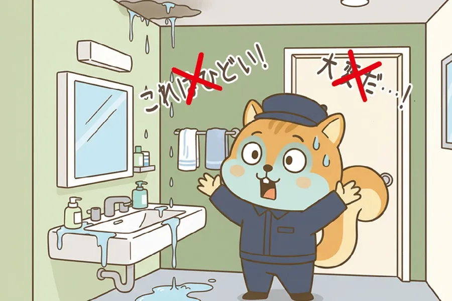 漏水(水漏れ)現場でNGワードを発してしますりす丸のイラスト