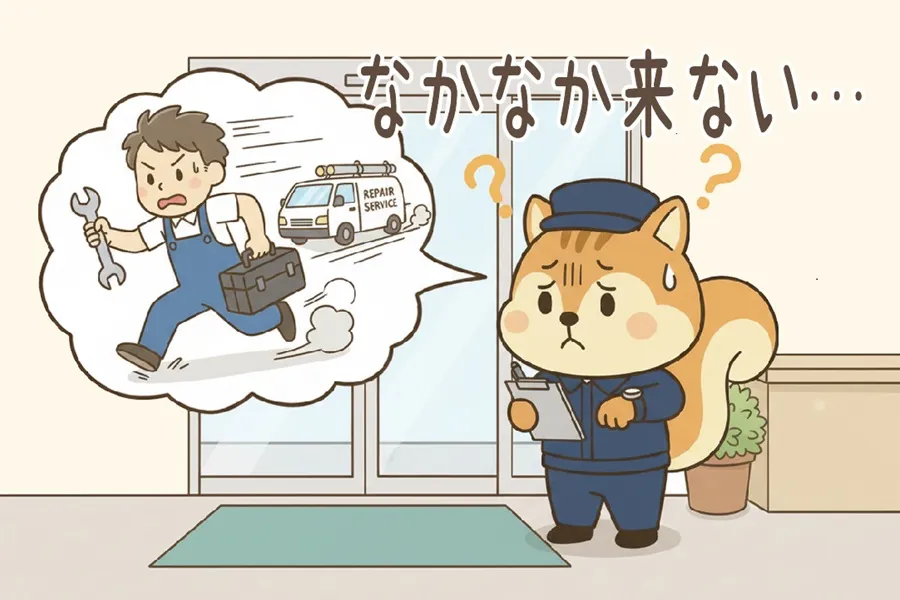 マンション漏水（水漏れ）で専門業者がなかなか来なくて心配しているりす丸のイラスト