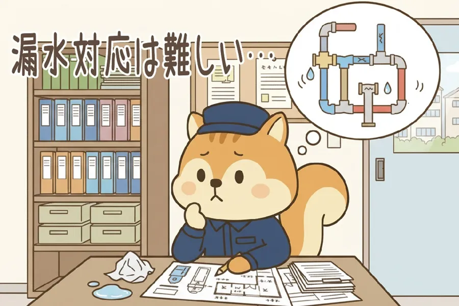 漏水（水漏れ）の原因について考えているりす丸のイラスト