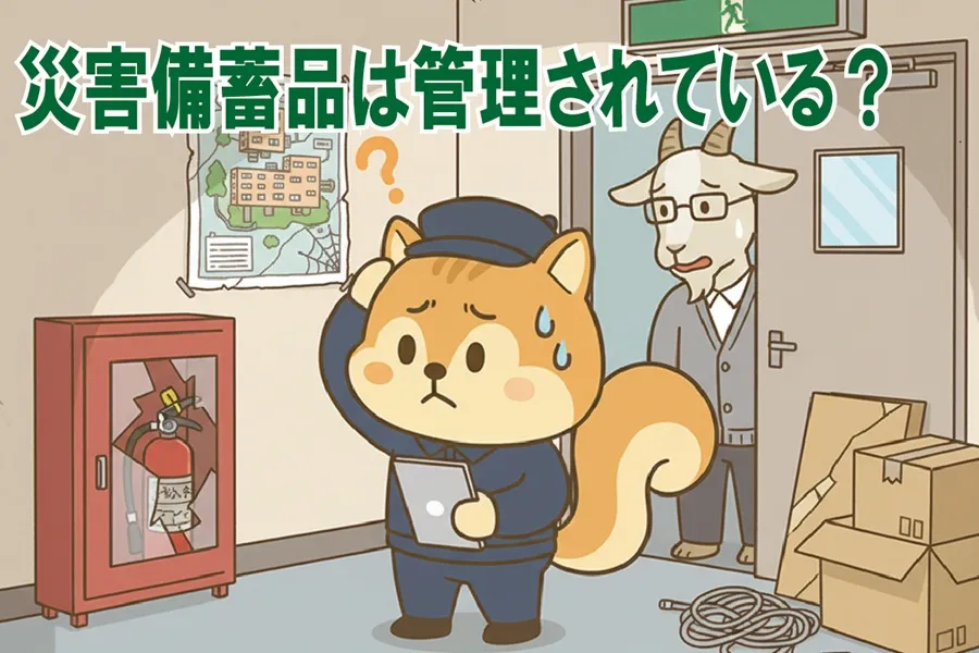 マンションの防災倉庫が管理できていなくて困っている管理員りす丸のイラスト