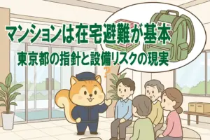 マンションで災害にあった時の在宅避難について説明しているりす丸のイラスト