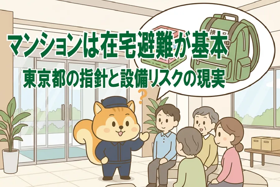 マンションで災害にあった時の在宅避難について説明しているりす丸のイラスト