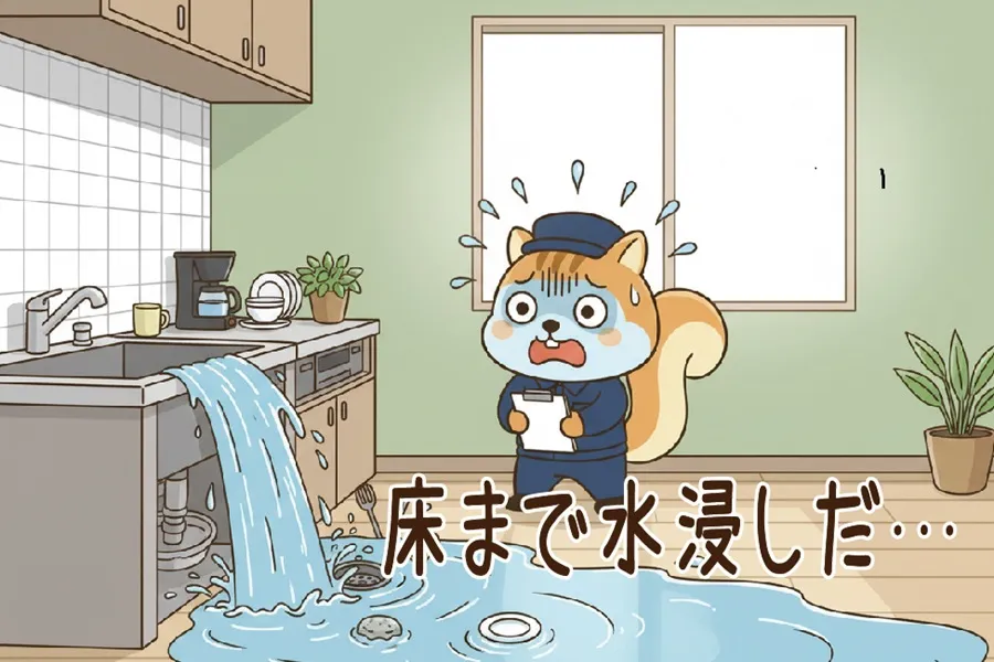 キッチンの排水口から汚水が逆流してあわてているりす丸のイラスト