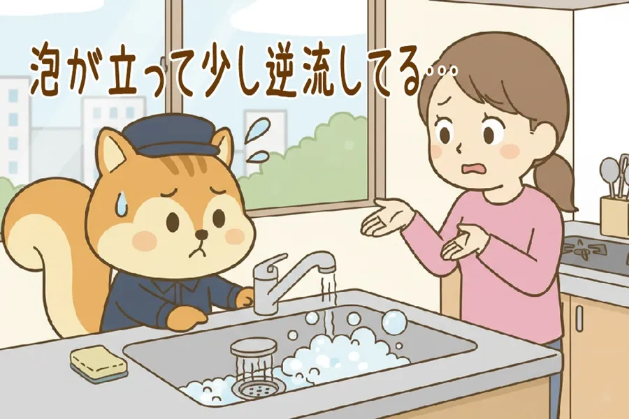 キッチンの排水口が泡立って逆流しているのを調査しているりす丸のイラスト