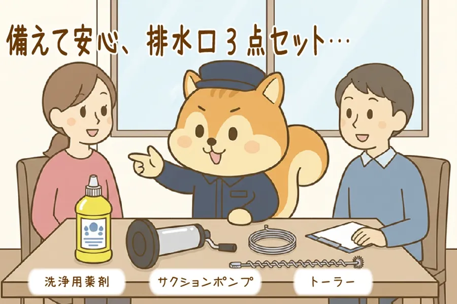 排水口メンテナンス3点セットを説明しているりす丸のイラスト