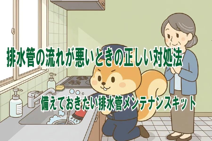 排水管からの漏水をメンテナンスキットを使用して対処しているりす丸のイラスト