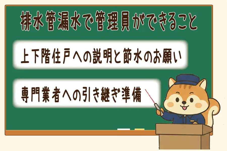排水管が原因の漏水で管理員ができることを解説するりす丸のイラスト